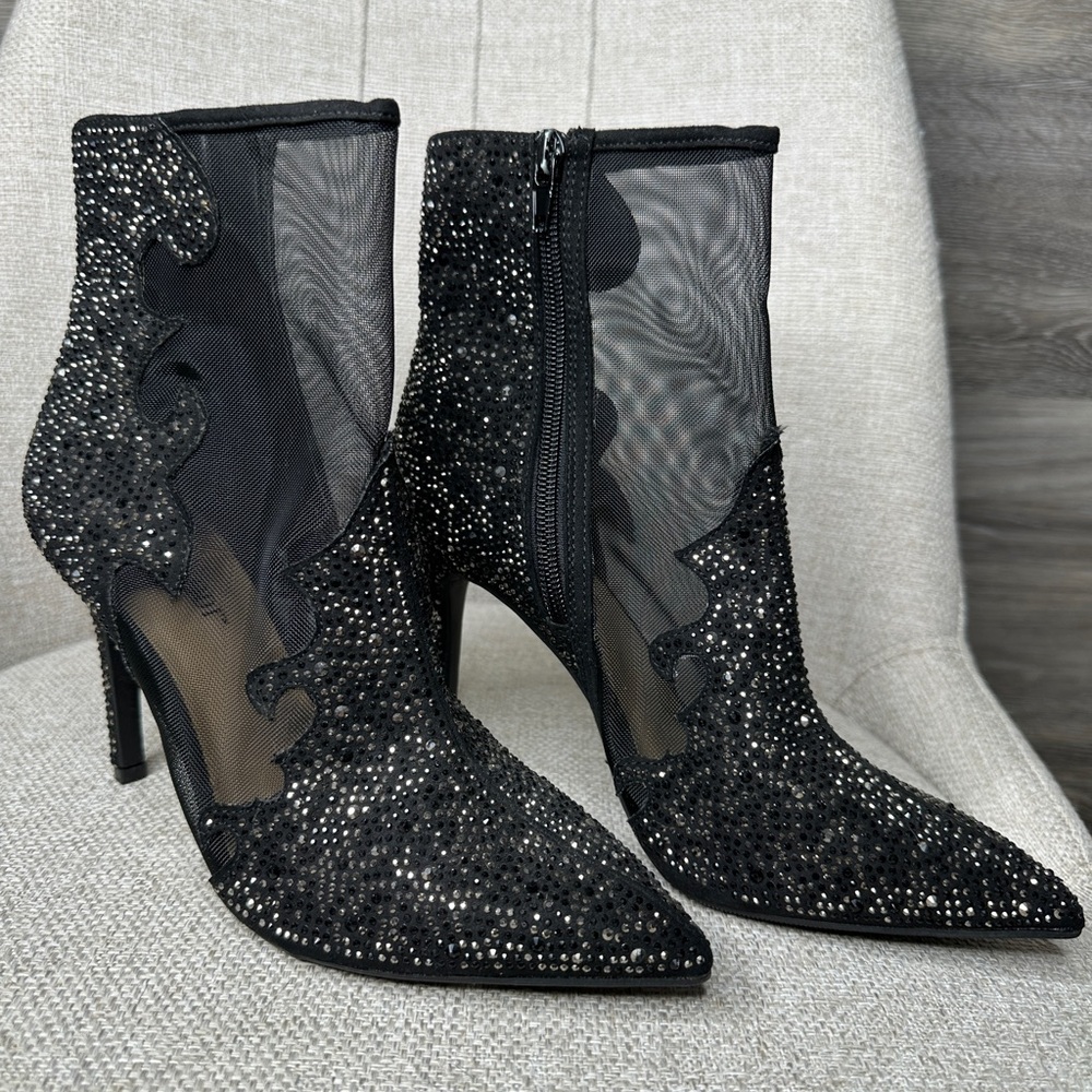 Thalia Sodi Black Sparkle Mesh Heeled Boots size 6